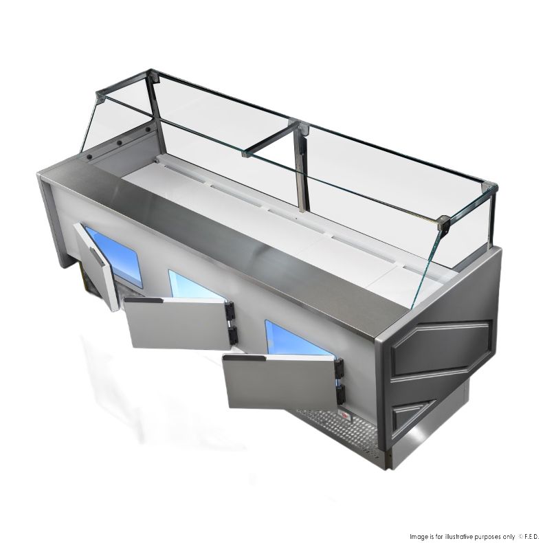 Tecnodom Serie MR9.5 Silver 2480mm Wide Deli Display with Storage and Castors TDMR-0925